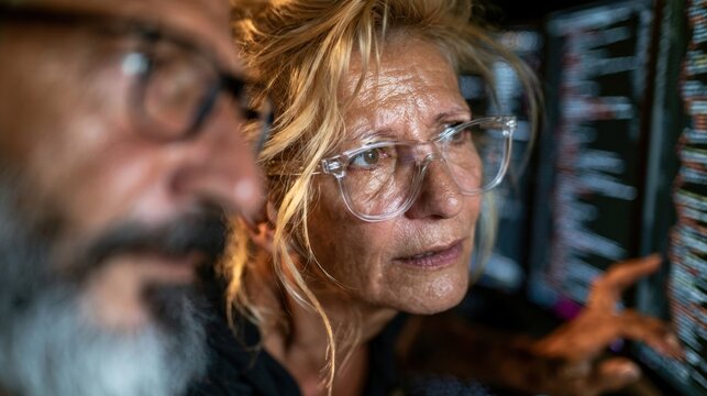 Woman with blonde hair and clear glasses focused on computer screen alongside bearded man
