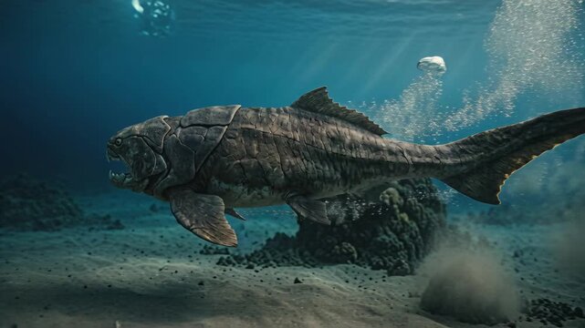 dunkleosteus prehistoric ocean swimming in deep sea underwater scene video