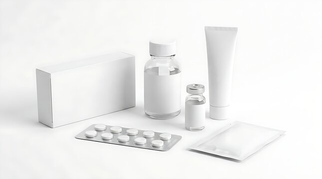 Minimalist white pharmaceutical packaging set with emphasizing modern design medical product presentation clean monochromatic arrangement neutral background