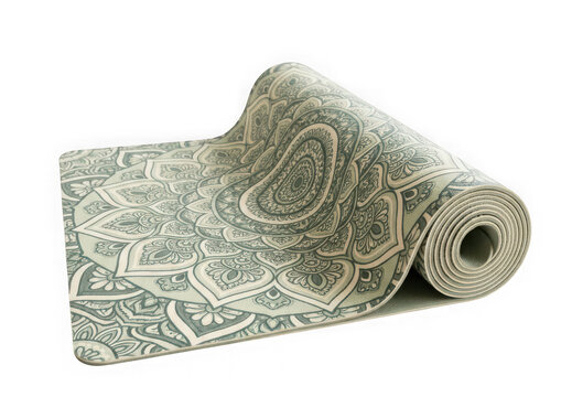 Rolled yoga mat with mandala pattern isolated on transparent background