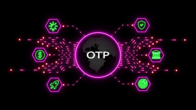 Otp security concept animation: digital global network with glowing cyber and data protection interface