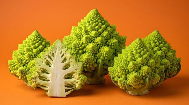 Romanesco broccoli heads on orange background, vibrant green fractal cauliflower, fresh organic romanesco cabbage cross section for culinary design