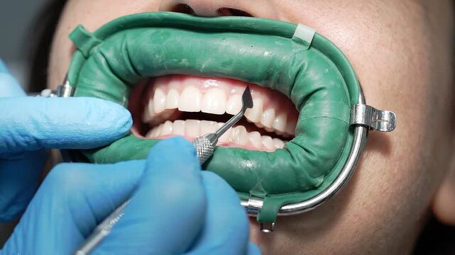 Dentist using a metal tool on patient teeth with a green cheek retractor in a dental office