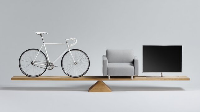 Wooden scales balancing a white bicycle on a background of a minimalist sofa and a black screen TV. Concept of balance of active and passive rest, healthy lifestyle