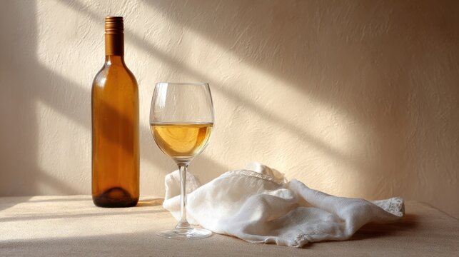 Sunlight casts deep shadows on the wall behind a wine glass and bottle on a beige table surface