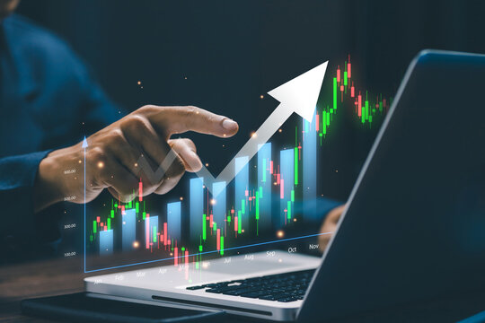 Businesswoman analyzing financial growth with business chart, investment performance, market trends, data analytics, profit increase and strategic planning using digital technology.
