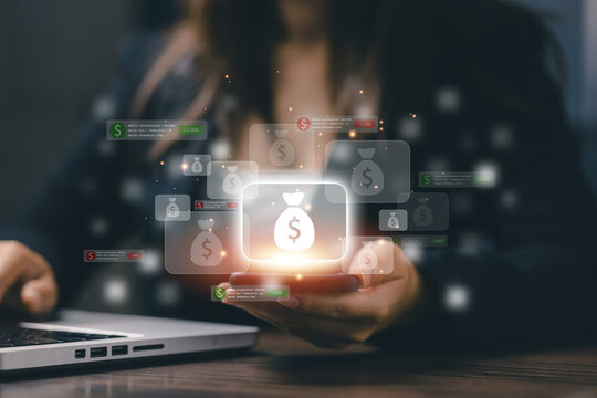 Businesswoman managing digital payments and financial transactions on smartphone, mobile banking, online finance, electronic wallet, fintech solutions and secure business technology.