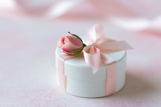 White round gift box with a pink ribbon and a tiny rose resting on a soft pastel background