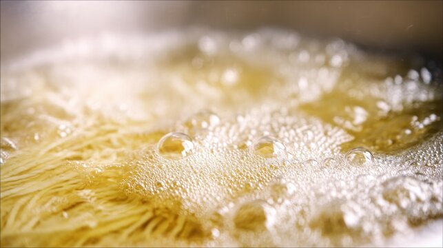 Close up of thin noodles boiling in a metal pot with many bubbling water droplets and steam
