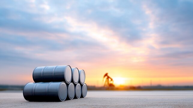 Steel fuel drums sit in a desert oil field during a golden sunset at a petroleum extraction site