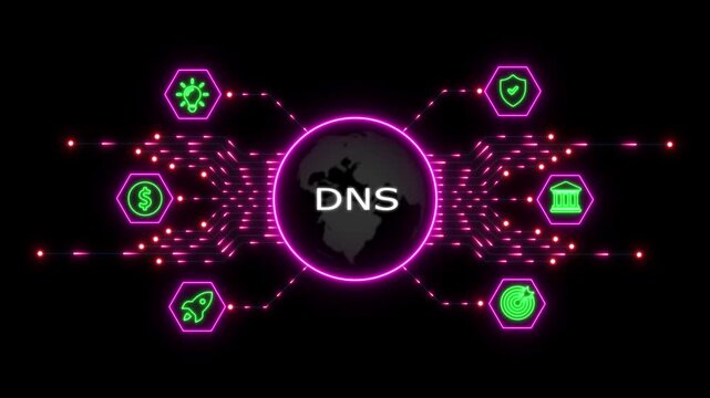 Dns network technology concept with digital globe and glowing data cyber security and global connectivity motion