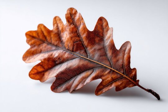 Dried brown oak leaf lying flat on a clean white surface during the cool autumn season
