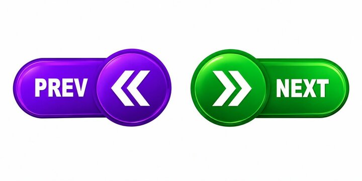 Pill-shaped navigation buttons with prev and next arrows in purple and green