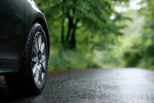 Front car tire and metallic rim parked on a rainy road with lush trees in the distance