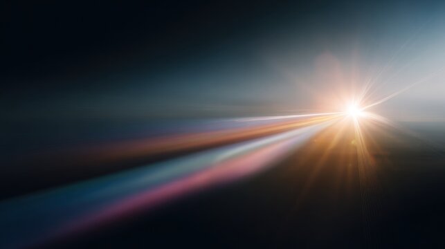 Bright flash of light leak at sunset glowing over dark surface in the evening, resource for overlaying, getting effects