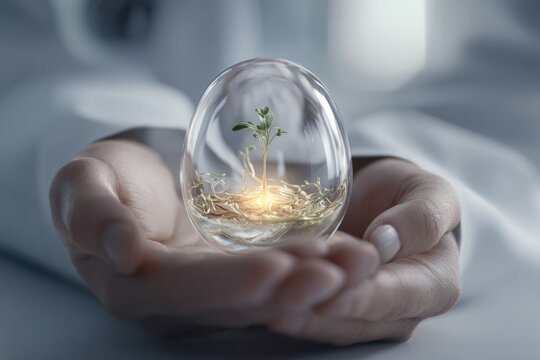 Hands of a scientist, laboratory assistant holding a glowing sprout in a transparent protective dome. Concept of research and environmental protection and ecology