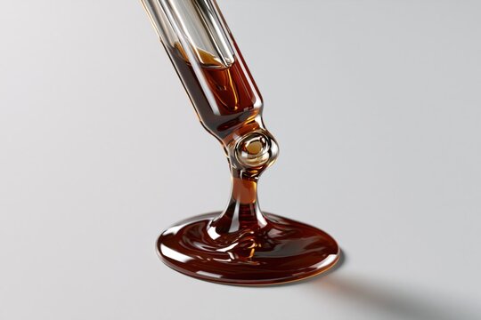 Glass pipette releases thick dark amber oil for luxury skincare beauty product promotion