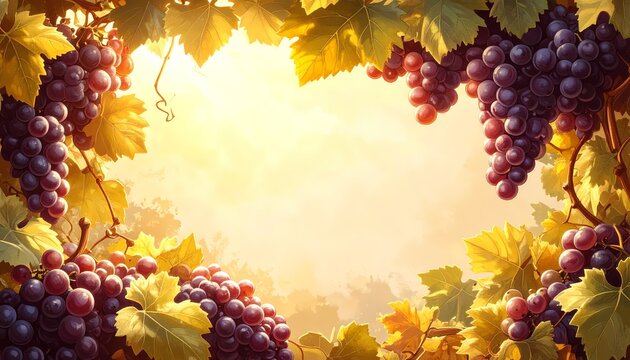 Clusters of ripe red grapes and lush vine leaves frame a sun-drenched vineyard scene bathed in warm golden light during the autumn harvest.