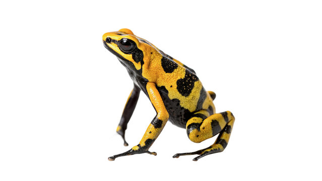 Exotic poison dart frog with vibrant yellow and black skin patterns dangerous rainforest isolated on transparent background