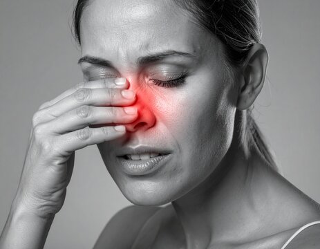 Woman touching her painful nasal bridge during a severe sinus infection attack.
