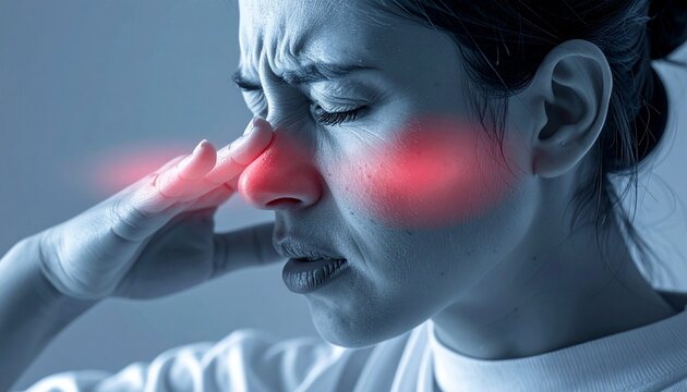Woman touching her face in distress due to severe sinus pressure and inflammation.