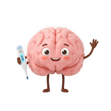 Cute cartoon brain character holding a digital thermometer isolated on transparent background