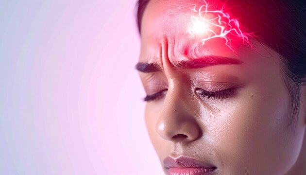 Woman suffering from a migraine displays a glowing red neural network pattern on her forehead indicating severe pain.