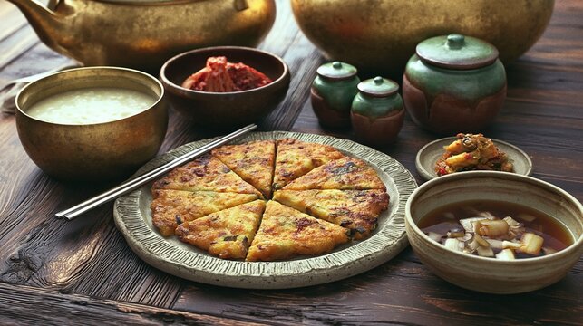 Traditional Korean pancake dish with rice wine kettle, side dishes, and dipping sauce