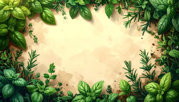 A vibrant assortment of fresh green herbs including basil and rosemary forming a decorative border around a textured beige background with ample copy space.