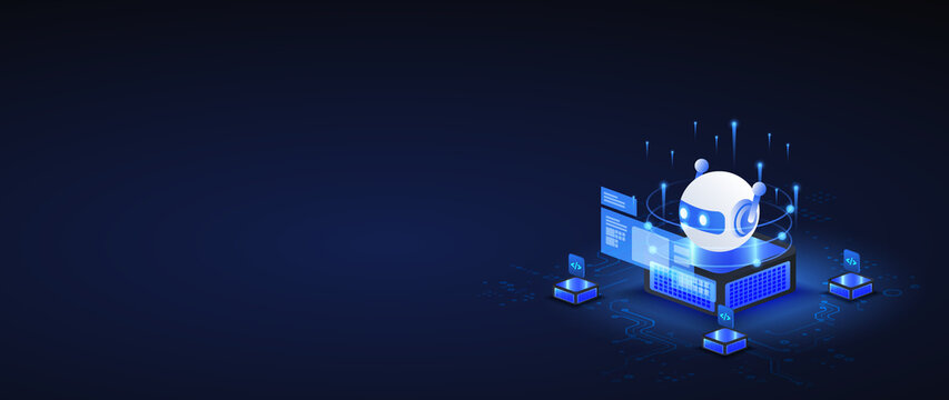AI agentic automation isometric vector illustration. robot assistant dashboard automation system concept with coding and digital machine learning concept web banner.
