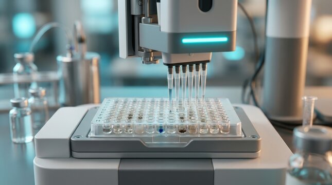 Automated laboratory instrument performs liquid handling on microplate in research facility.