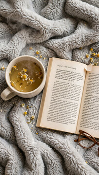 Cozy morning reading flat lay with open book, cup of steaming hot herbal chamomile tea, glasses on soft fuzzy blanket