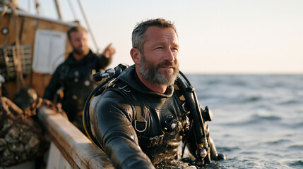 Naklejka premium Over-the-shoulder view of a pearl diver surfacing at the edge of a wooden boat in open ocean, a fellow diver behind him pointing toward a Basque cider house almanac tide chart