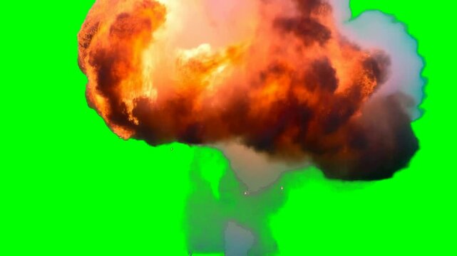 4K Large and Powerful Massive Fire Bomb Explosion Animation, Bubbly Red Explosion Close-up View with Smoke on Black and Green Screen, Pure Green Chroma Key Background, Alpha Matte Included