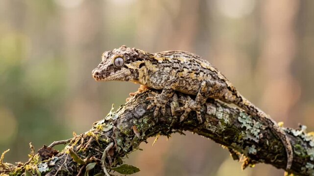 gargoyle gecko close up in new caledonia rainforest morning light video