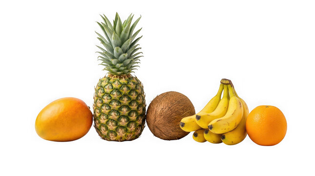 Fresh tropical fruits including mango, pineapple, coconut, bananas, and orange isolated on transparent background