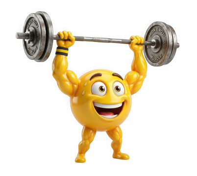 3d render of a yellow emoji character lifting a heavy barbell isolated on transparent background