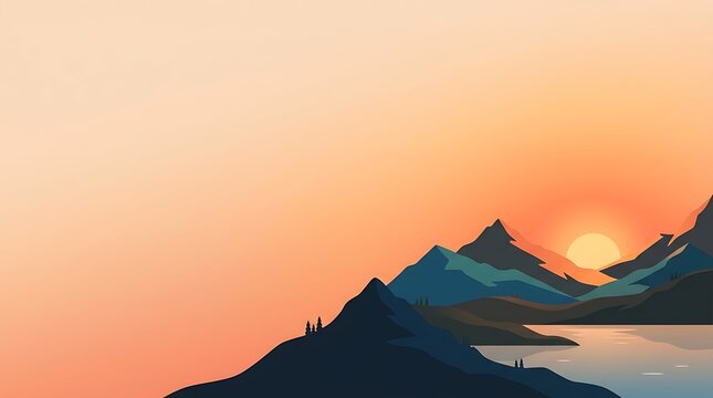 Serene mountain range with sun setting over a peaceful lake
