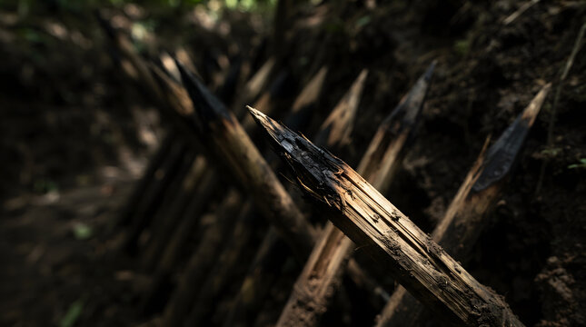 A dramatic close-up photograph of sharp wooden stakes with burnt tips embedded in a defensive dirt trench. This dark, atmospheric image evokes historical military fortifications, ancient traps, and...