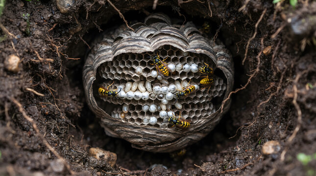 A close-up macro photograph of an underground wasp nest built inside a dirt hole, showing active yellowjackets crawling over hexagonal paper combs filled with white grubs, larvae, and capped pupae...