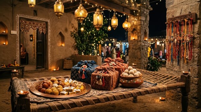 Exquisite indian sweet platter and traditional gifts set on rustic charpai bench at night with warm glowing lantern lights.