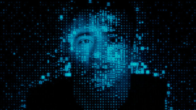 Male Face dissolving into Machine Data, representing Digital Twin Concept.