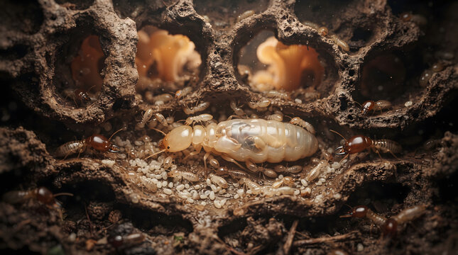 Macro view of a subterranean termite colony chamber showing a large queen termite, numerous workers tending to white eggs, soldier termites on guard, and fungal structures within the clay nest tunn...