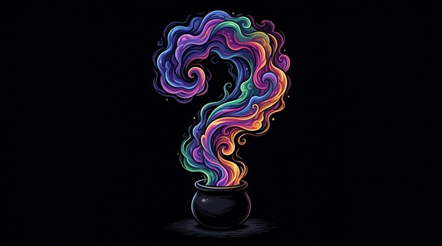 Vibrant question mark made of smoke rising from a magical cauldron