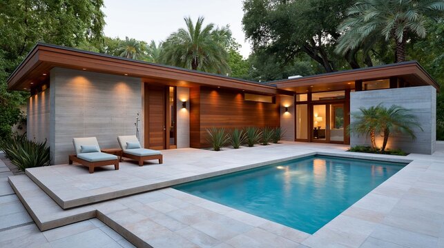 Contemporary tropical house with elegant wood and concrete facade, seamless indoor outdoor living, resort style swimming pool, luxury residential architecture, premium commercial photography