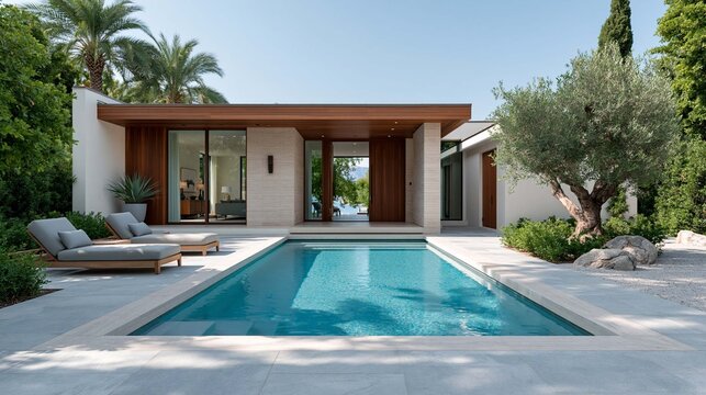 Architectural masterpiece featuring tropical modern villa, premium landscaping, luxury outdoor lifestyle and sophisticated residential design, commercial stock photography