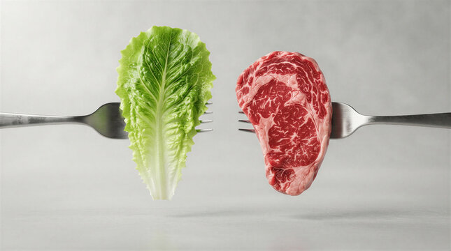 Dietary Contrast A single fork presents a fresh crisp lettuce leaf while another fork holds a raw marbled cut of steak, symbolizing a choice between healthy eating options