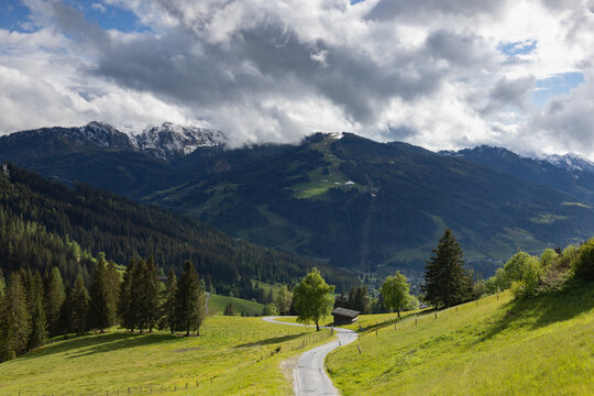 Alpine scenery with ski resort in high mountains