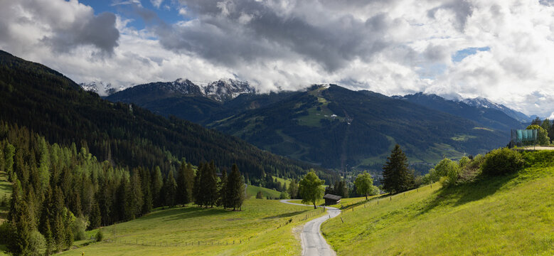 Alpine scenery with ski resort in high mountains