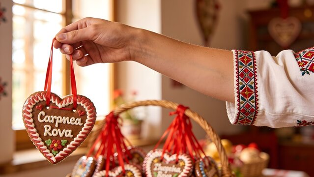 Hands and forearms carrying a traditional Croatian licitar heart treat